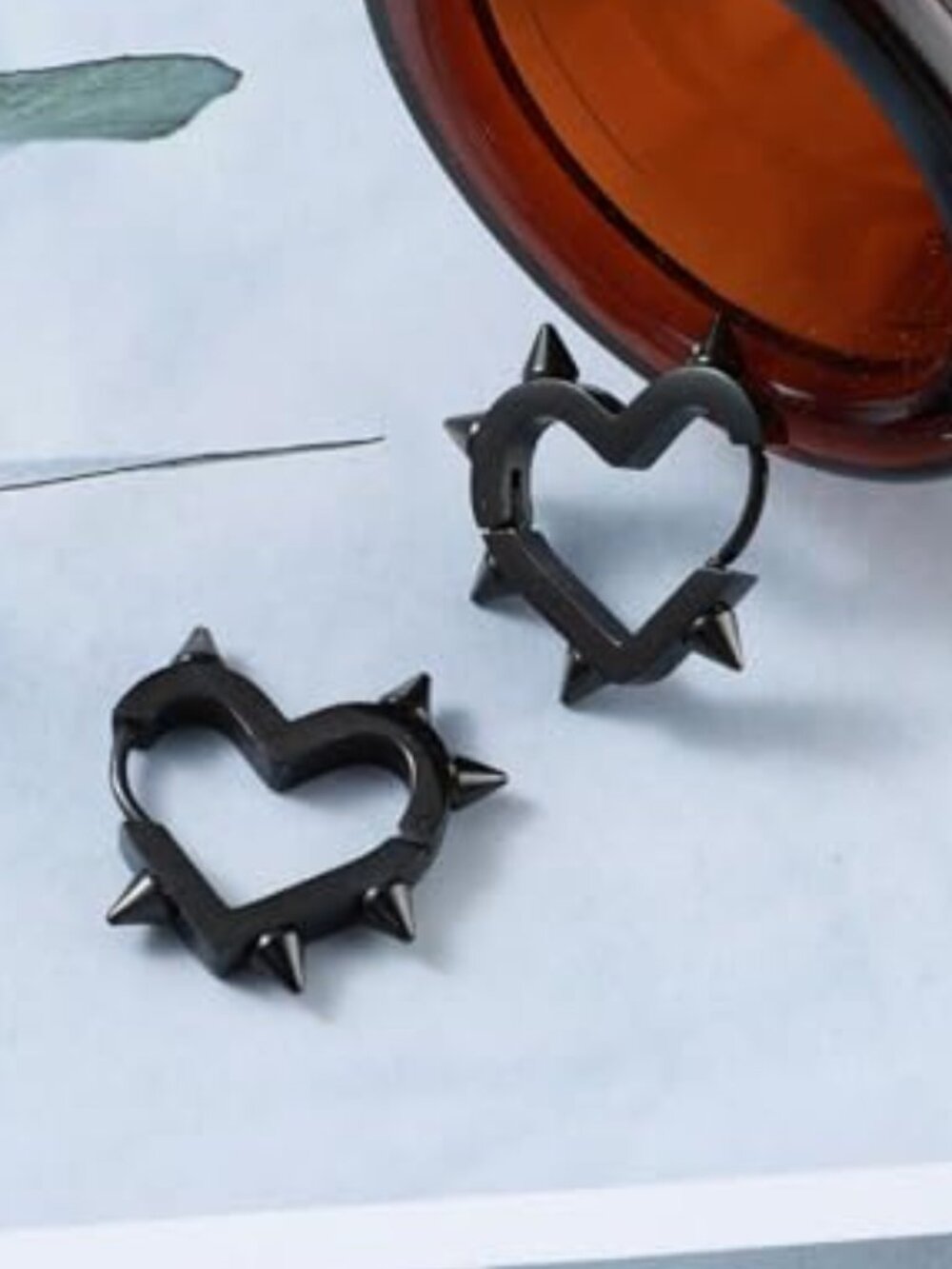 New - Heart Earrings Black Spike Earrings, Hoop Spike Heart Earrings Stainless